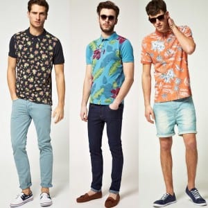 3 men wearing floral print shirts