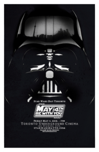 A flyer featuring the face of Darth Vader, and details of an underground cinema viewing on May 4th.